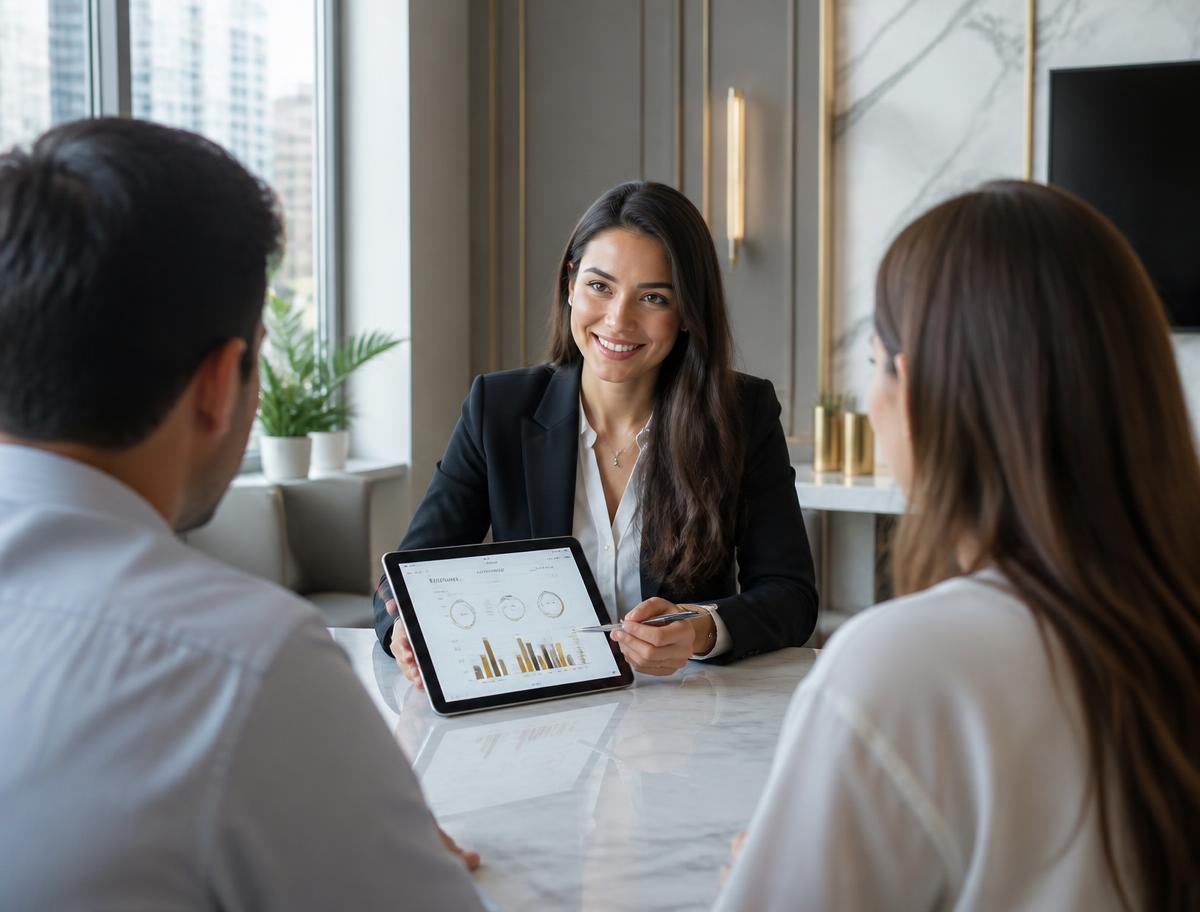 Junge Finanzcoachin berät ein Paar mit digitaler Finanzanalyse