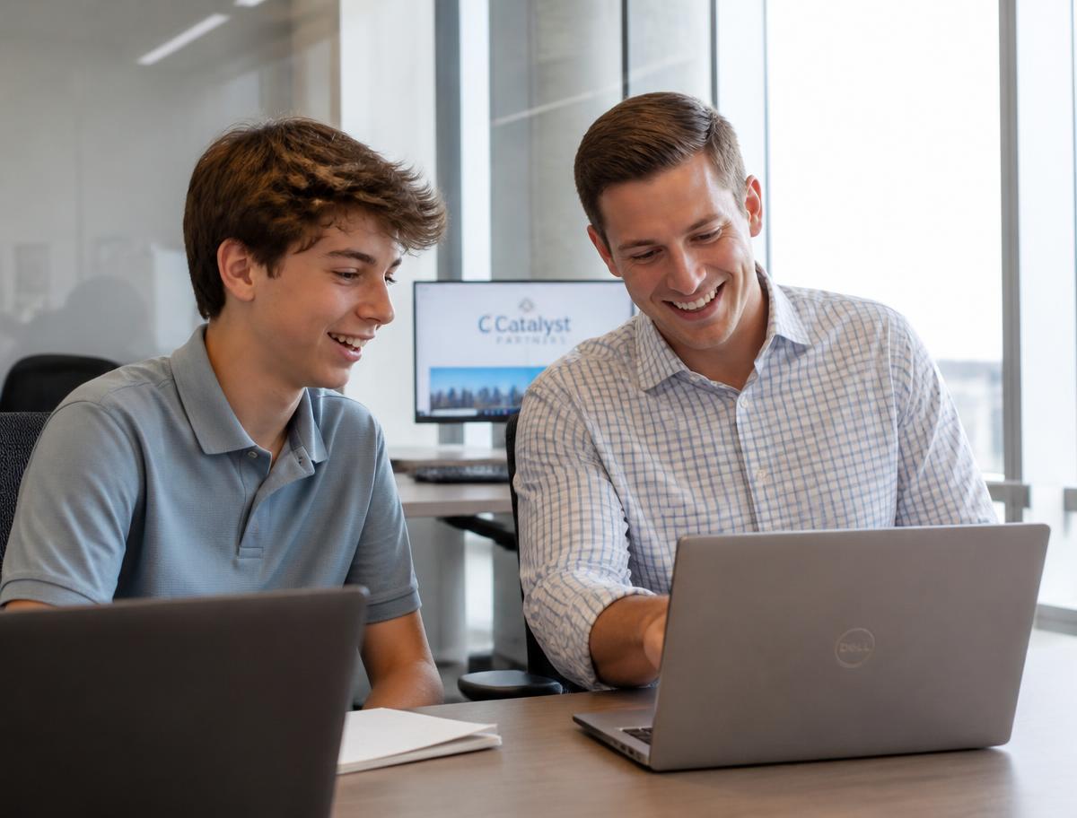 Praktikant wird von einem jungen Finanzcoach am Laptop begleitet